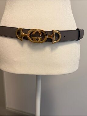 Gucci Gray Leather Belt with Gold Double G Buckle